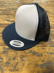 Snapback - Mesh Trucker Hat, Flat Bill - White/Navy